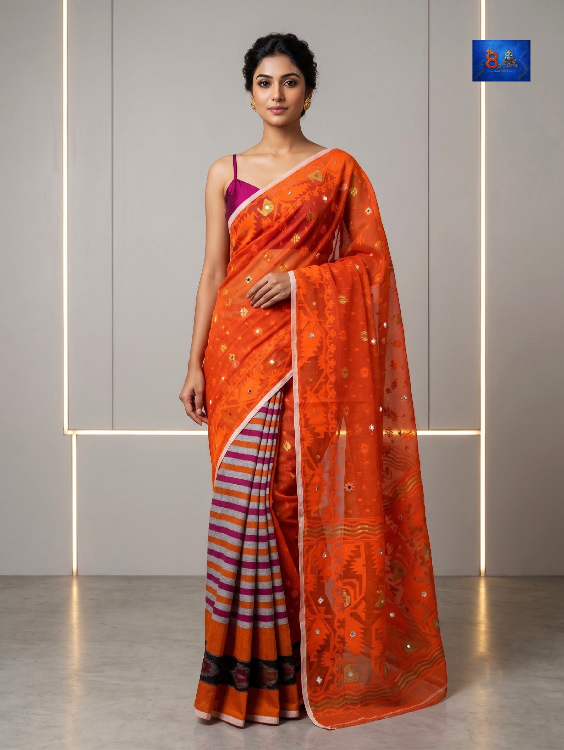 Mirror Jamdani Saree - Orange with white border