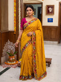 Gara Parsi Work On Pure Crushed Satin Saree - Mustard Yellow