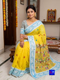 Cotton Lambani with Jamdani Border Saree - Yellow & Sky Blue