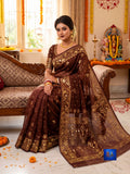 Mirror & Glass Beads Embroidered Jamdani Saree - Chocolate Brown