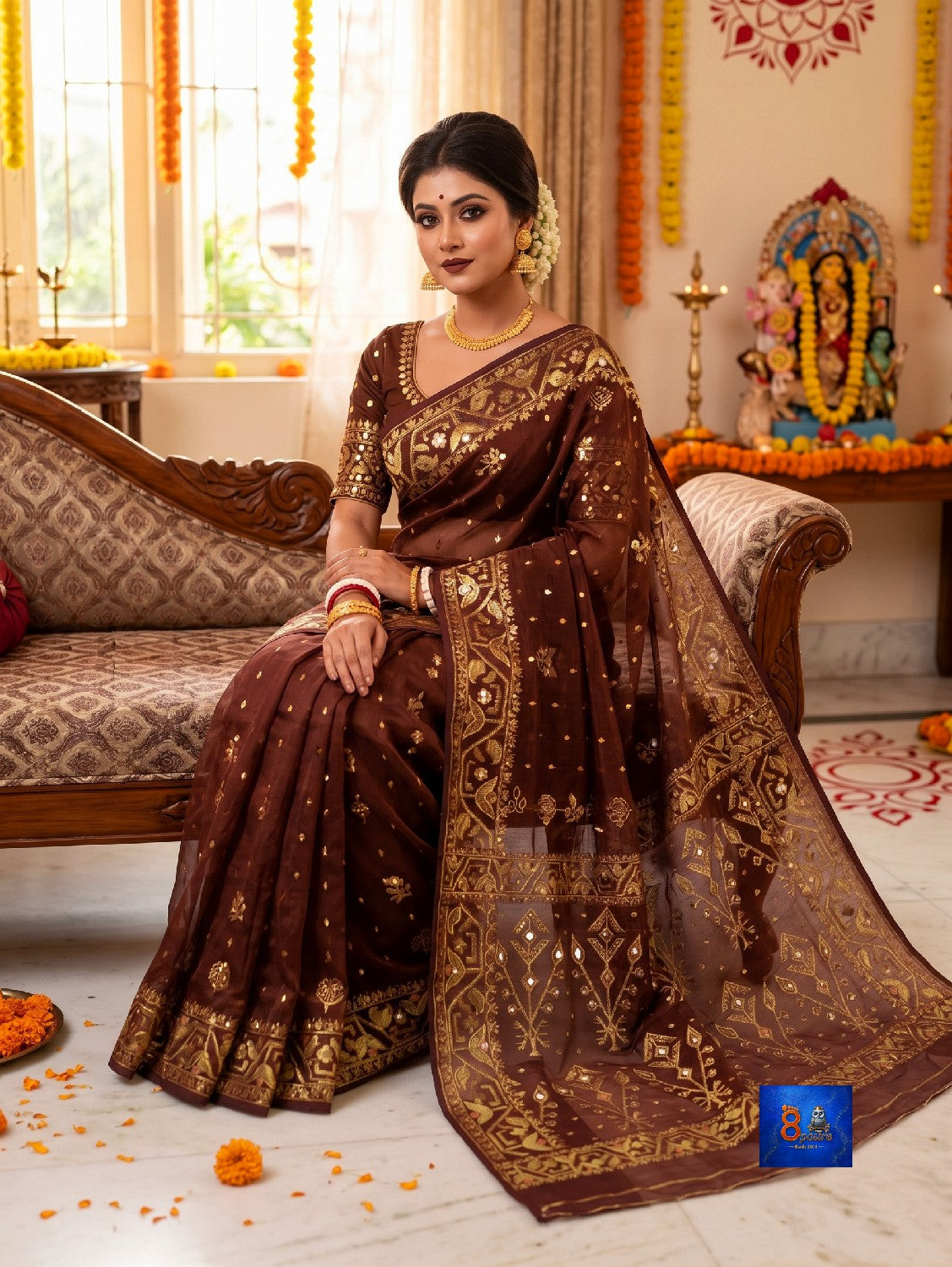 Mirror & Glass Beads Embroidered Jamdani Saree - Chocolate Brown