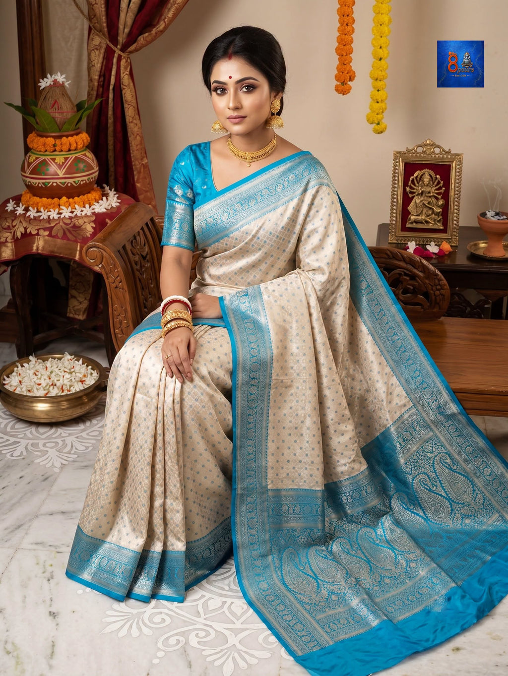 Mulberry Jacquard Silk Saree - Silk Mark - Off-white Blue Border
