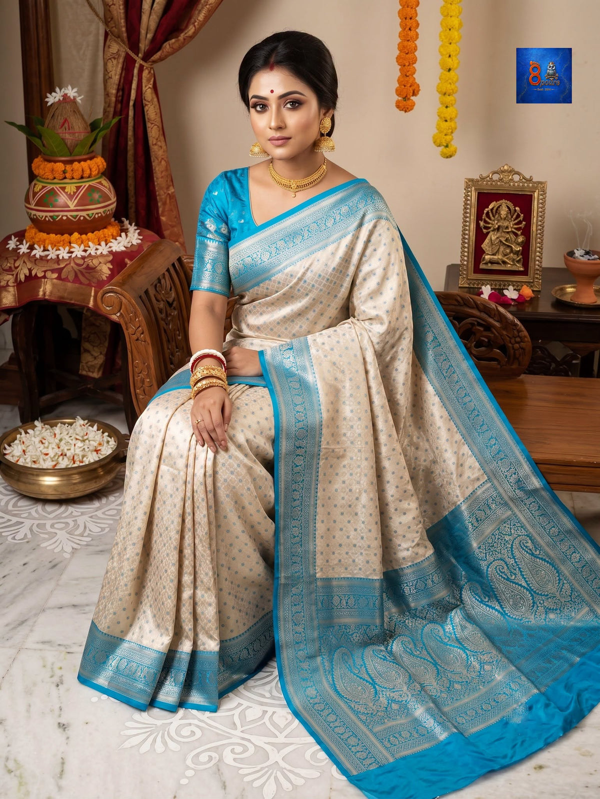 Mulberry Jacquard Silk Saree - Silk Mark - Off-white Blue Border