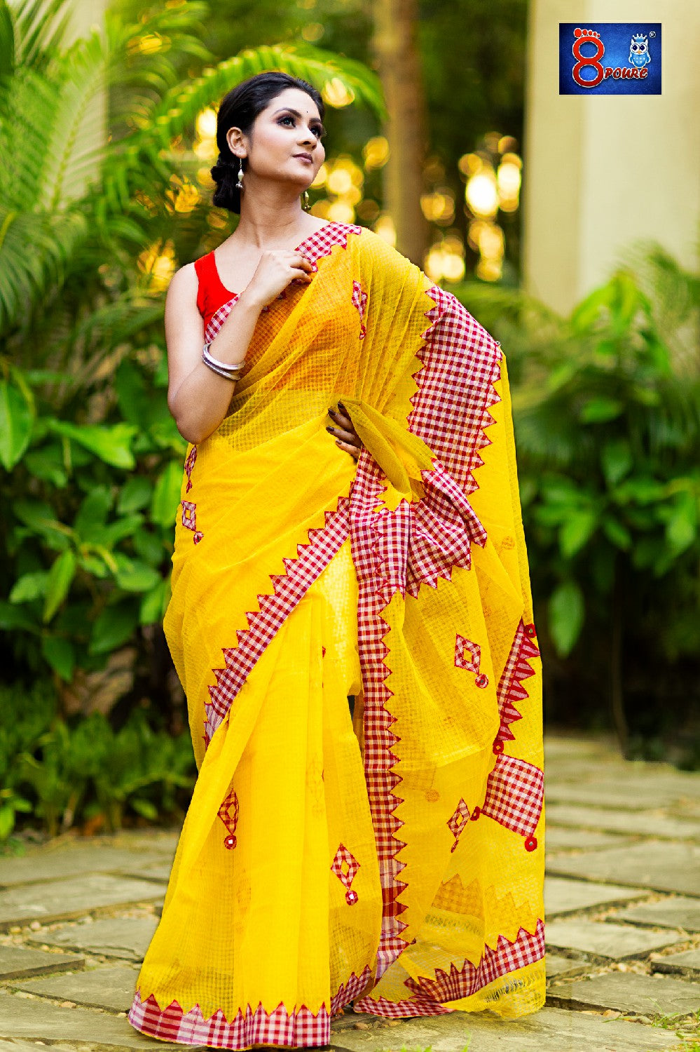 Resham Check Gamcha Applique Saree - Yellow