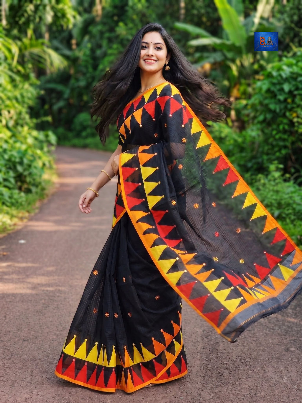 Pure Resham Cotton Applique Work Saree - Black