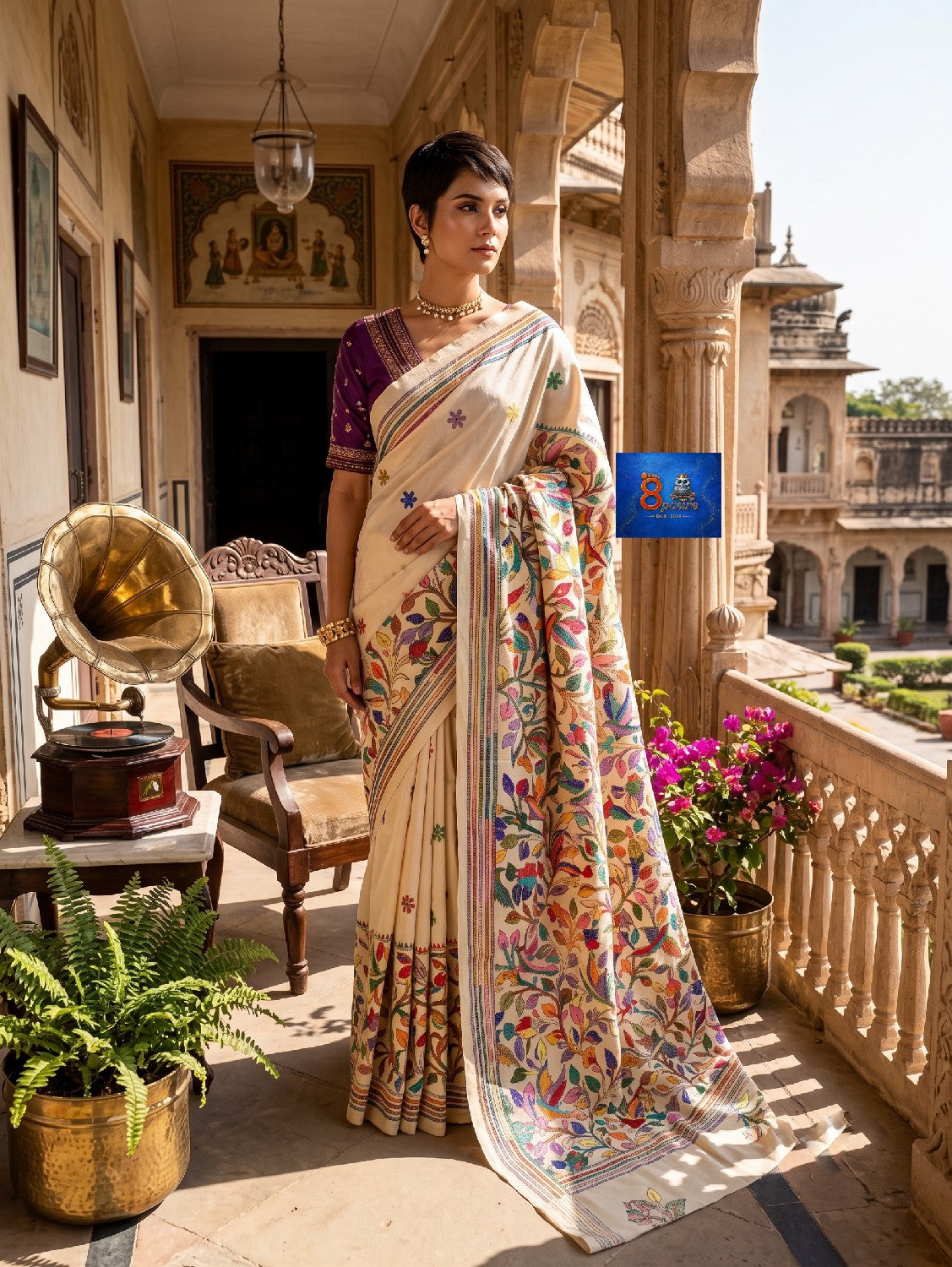 Pure Tussar Kantha Stich Saree - Beige Multi-colour