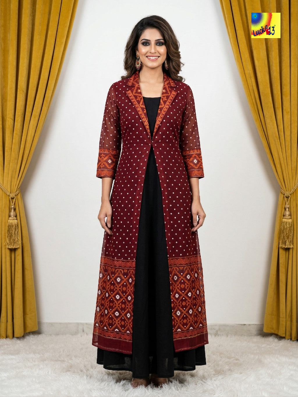 Jamdani Shrug & Cotton Sleeveless Dress set - Black & Maroon