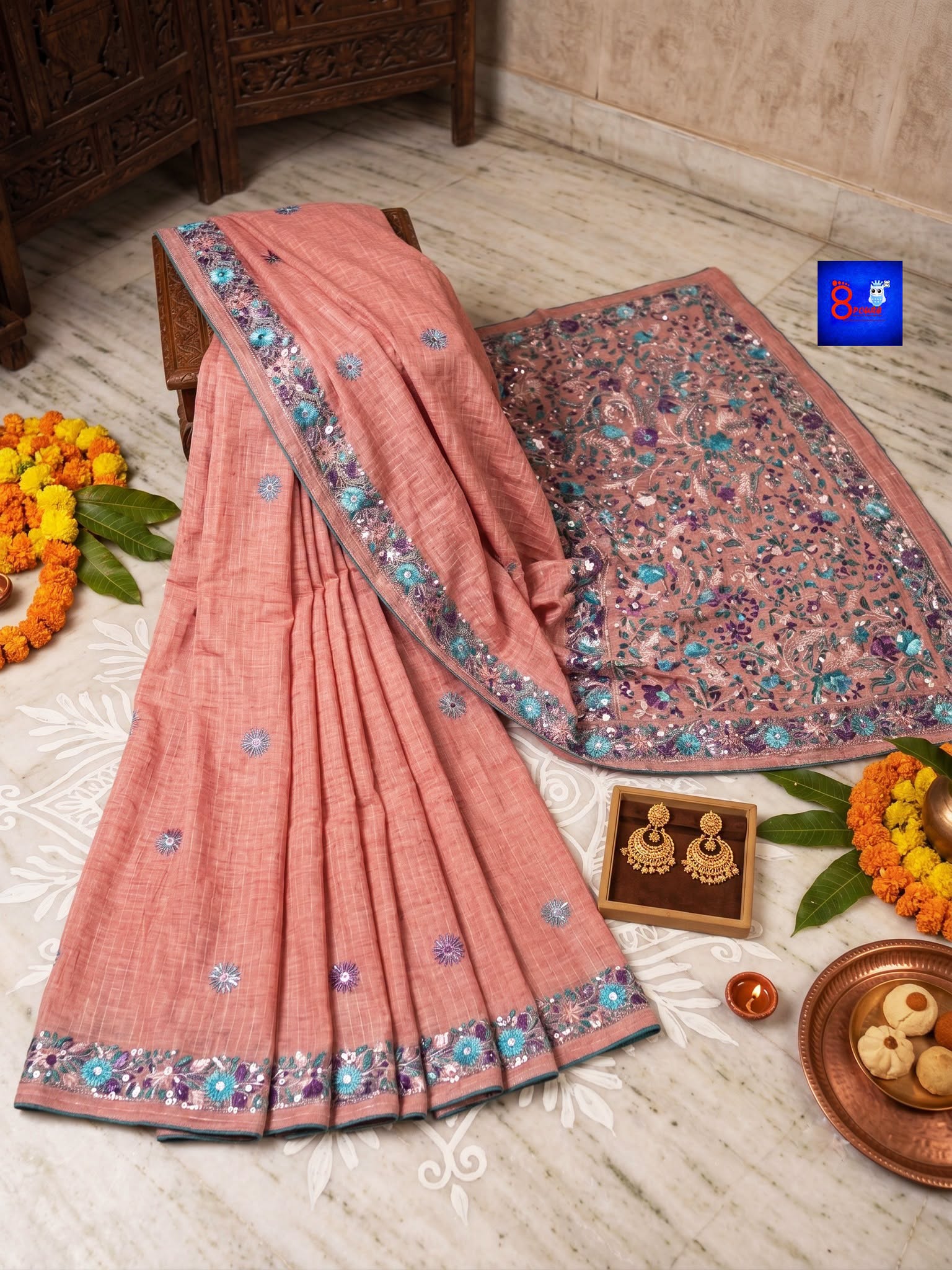 Pure Cotton Bulliyan Parshi Embroidery Saree With Contrast Blouse Piece