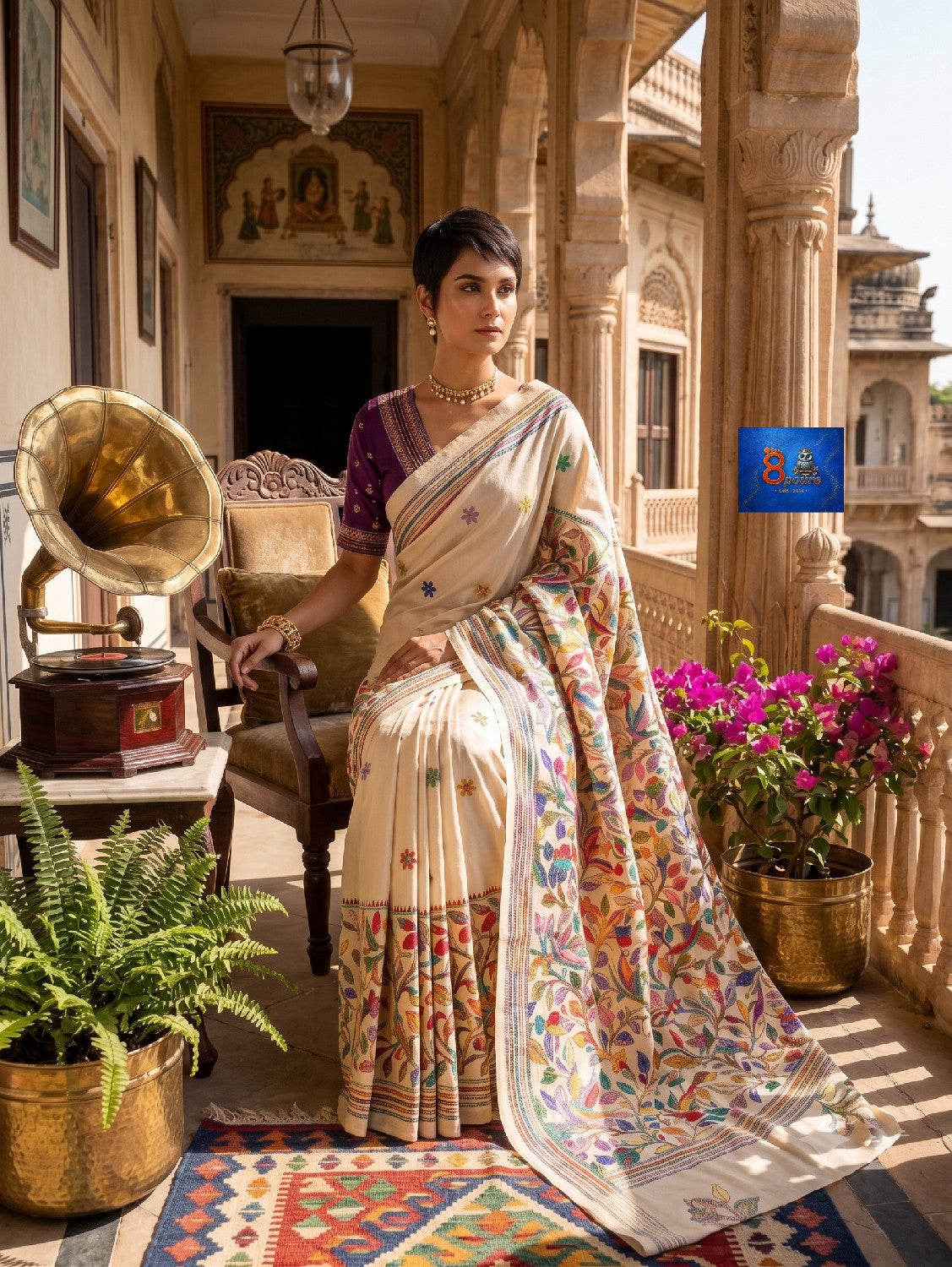 Pure Tussar Kantha Stich Saree - Beige Multi-colour