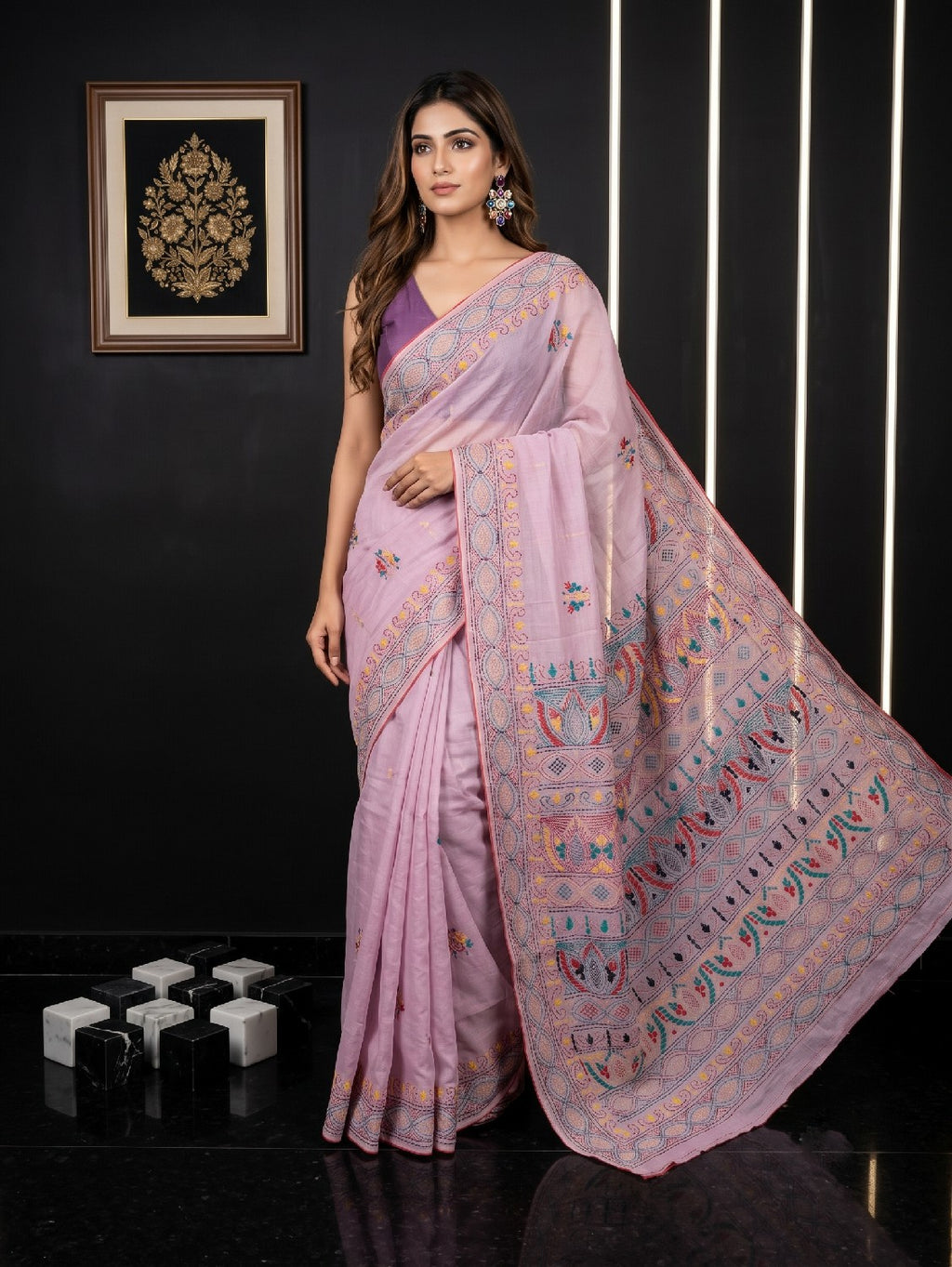Fulia Tussare Lambani Embroidered Saree - Light Onion Pink
