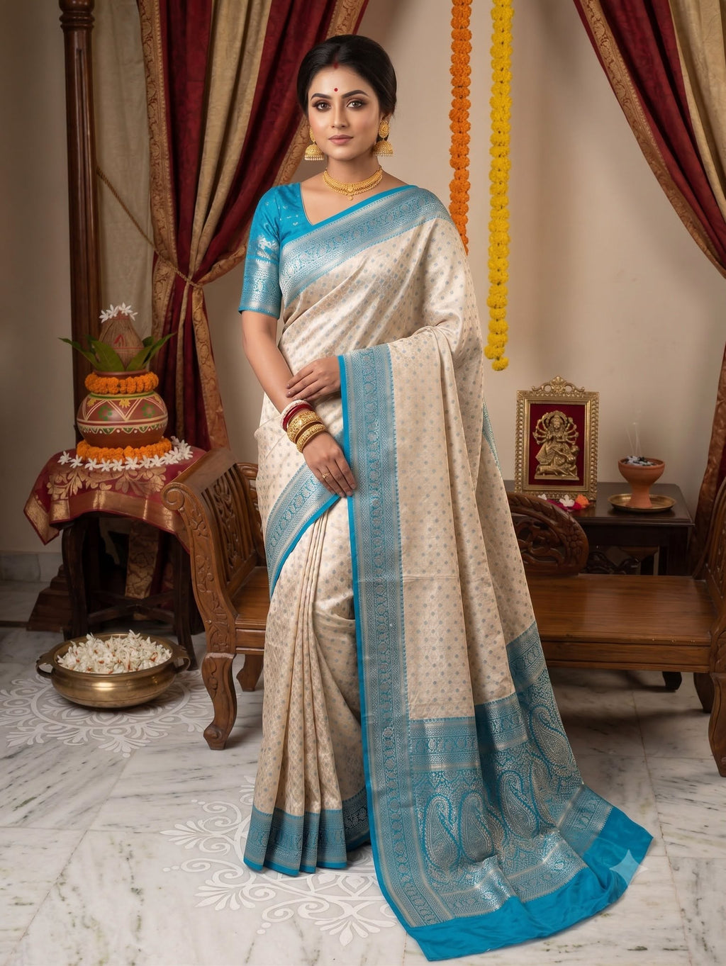 Mulberry Jacquard Silk Saree - Silk Mark - Off-white Blue Border