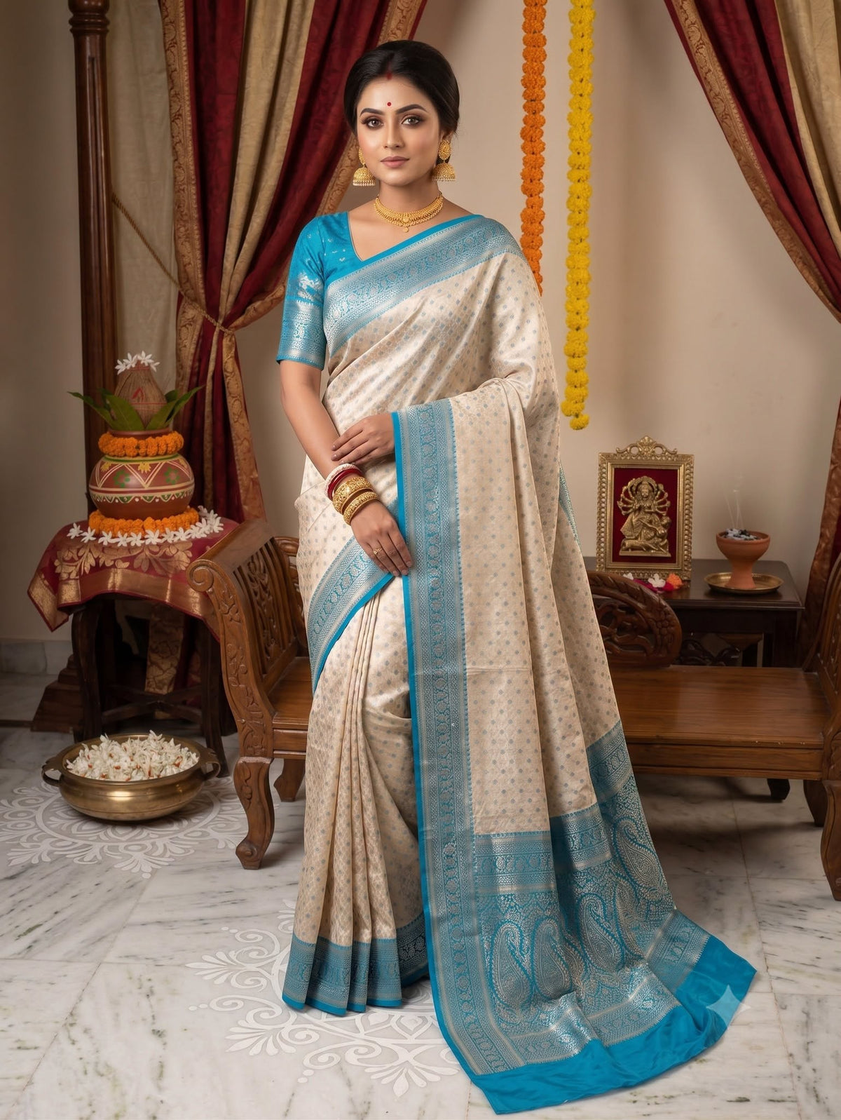 Mulberry Jacquard Silk Saree - Silk Mark - Off-white Blue Border