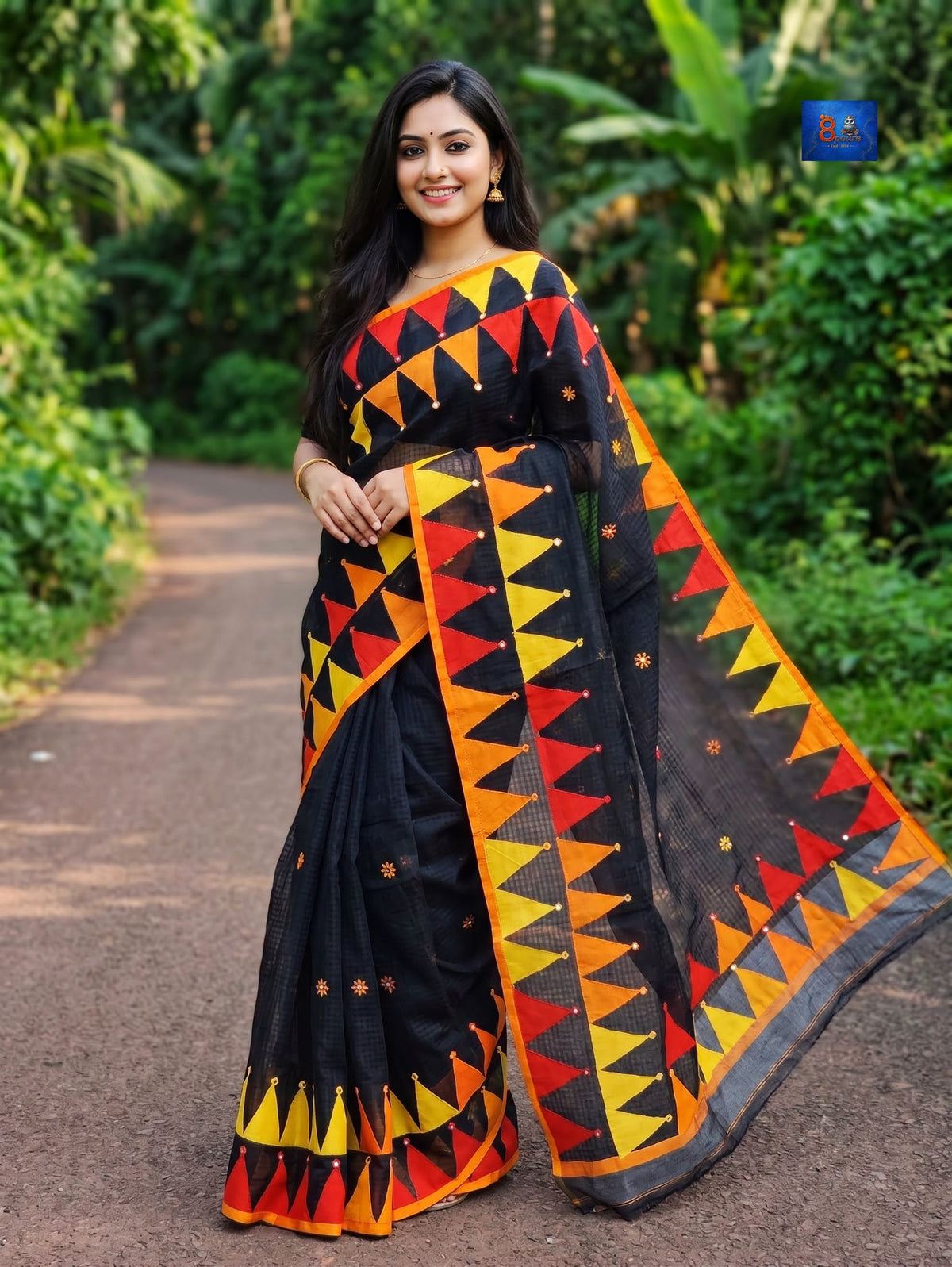 Pure Resham Cotton Applique Work Saree - Black