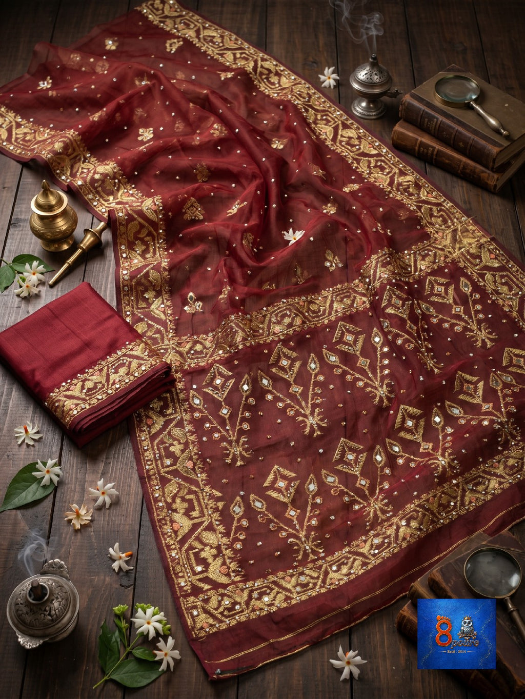 Mirror & Glass Beads Embroidered Jamdani Saree - Chocolate Brown