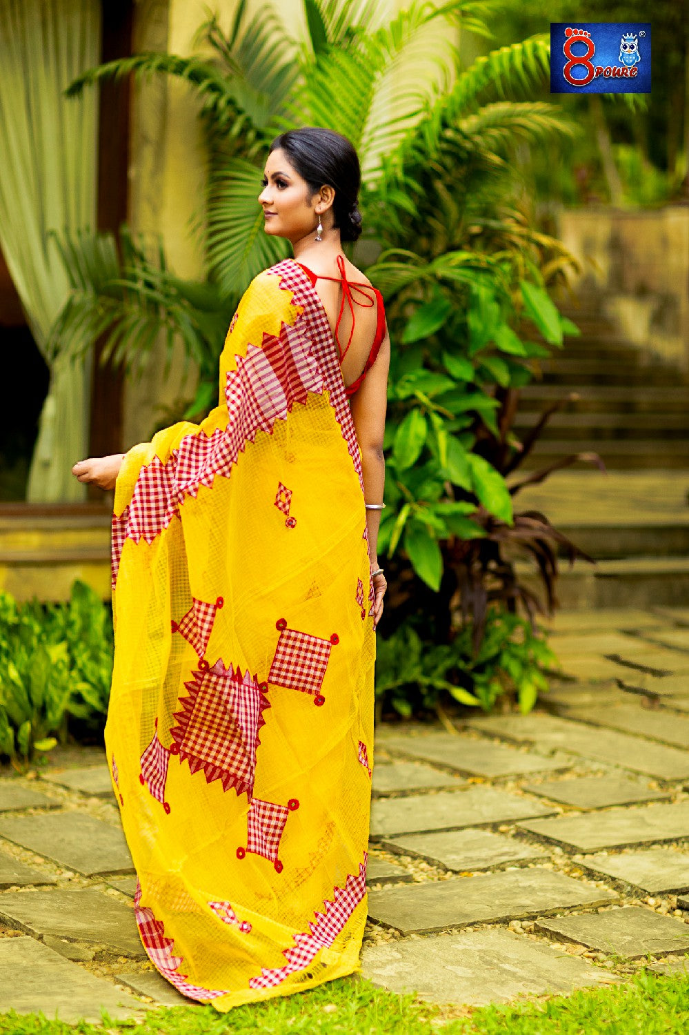 Resham Check Gamcha Applique Saree - Yellow