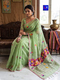 Resham Check French Knot Embroidery Saree (Pista Green)
