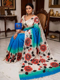 Blue Green White Cotton Glittering Canvas Saree