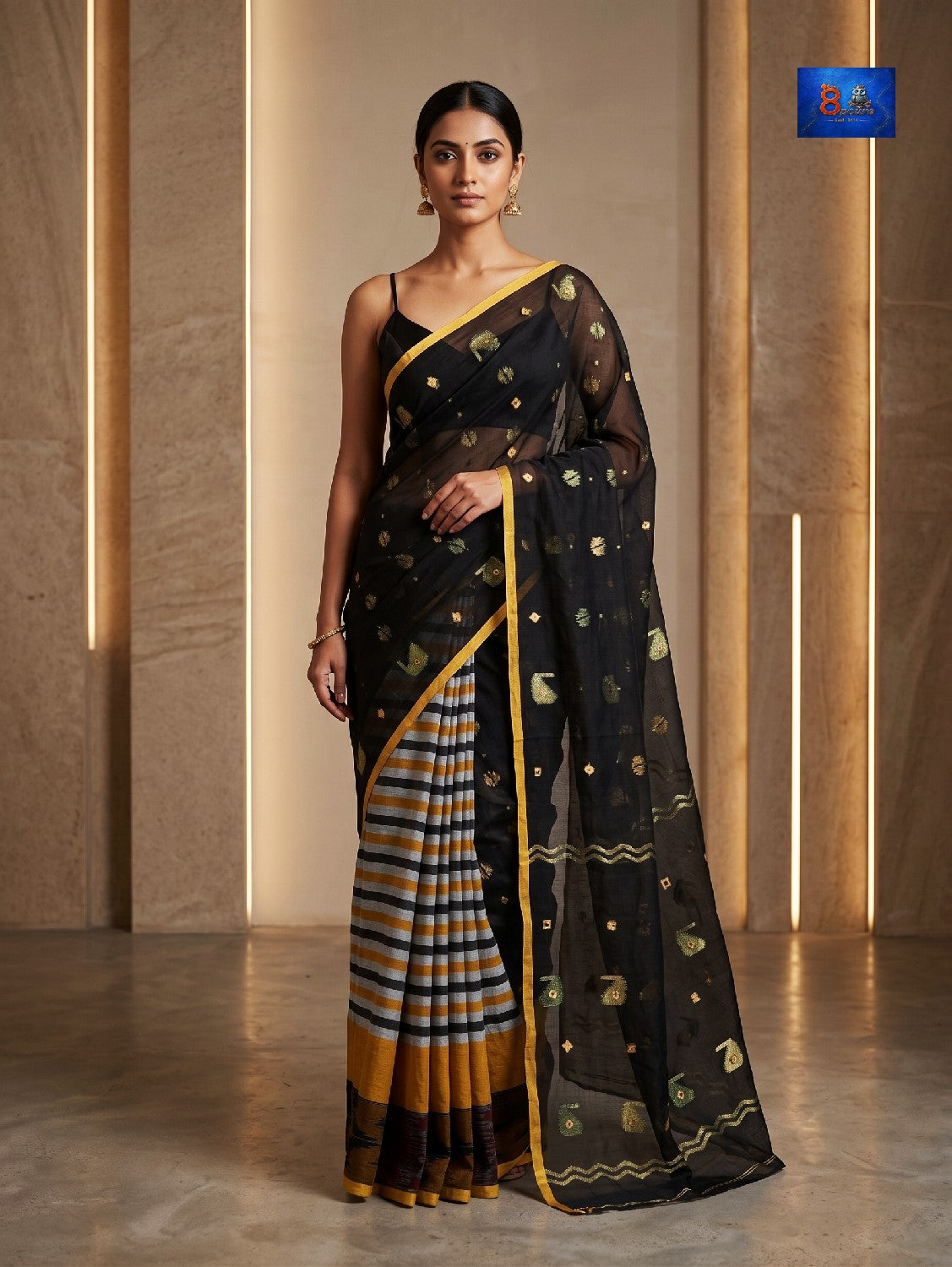 Mirror Jamdani Saree - Black with yellow border