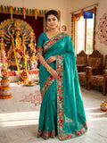 Gara Parsi Work On Pure Crushed Satin Saree - Teal Green