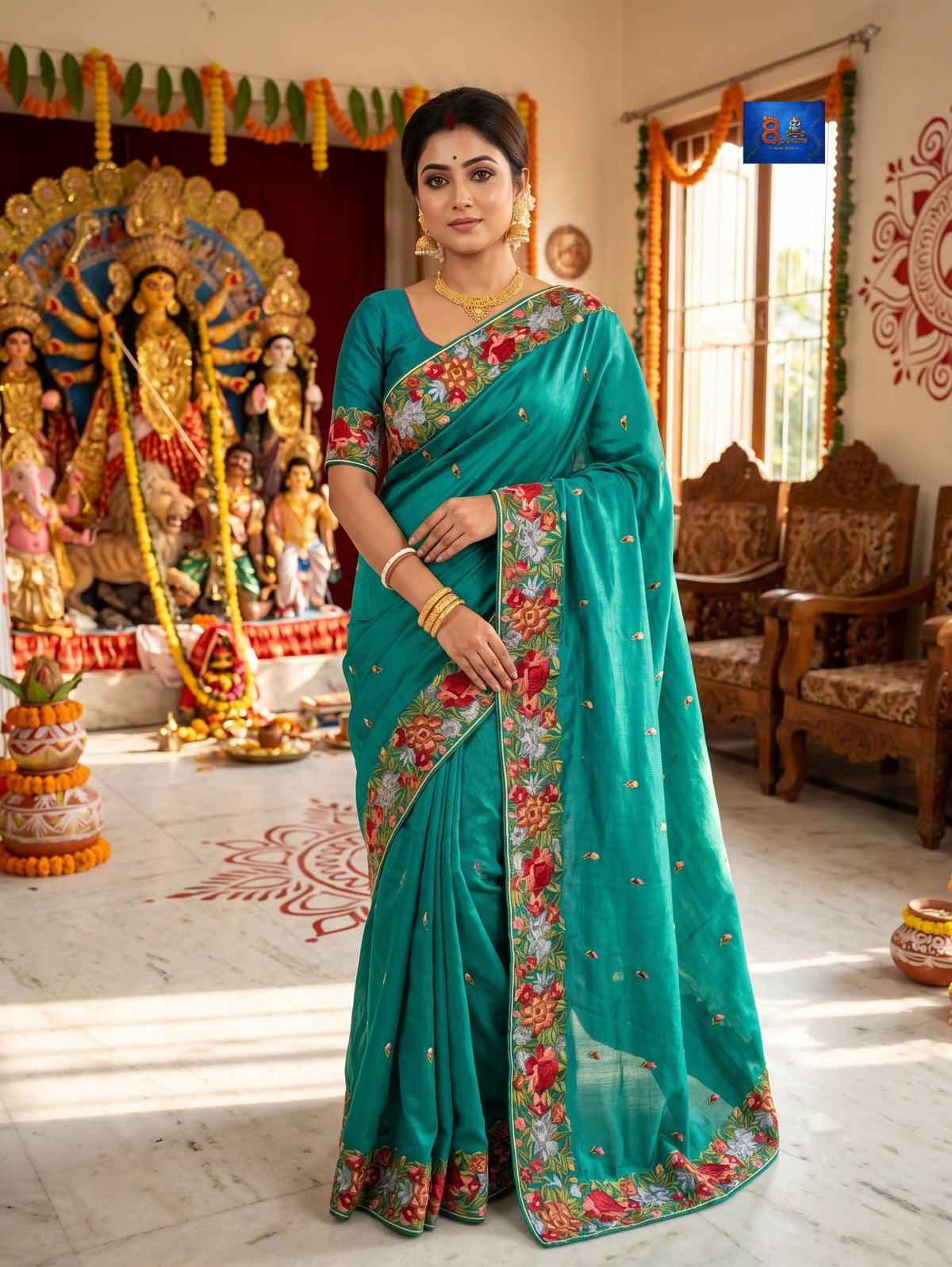 Gara Parsi Work On Pure Crushed Satin Saree - Teal Green