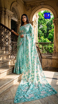 Organza Tissue Floral Embroidered Saree (Aqua Mint)