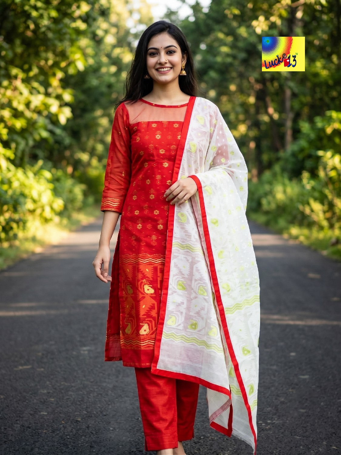 Handloom Jamdani Kurti, Dupatta & Pant Set