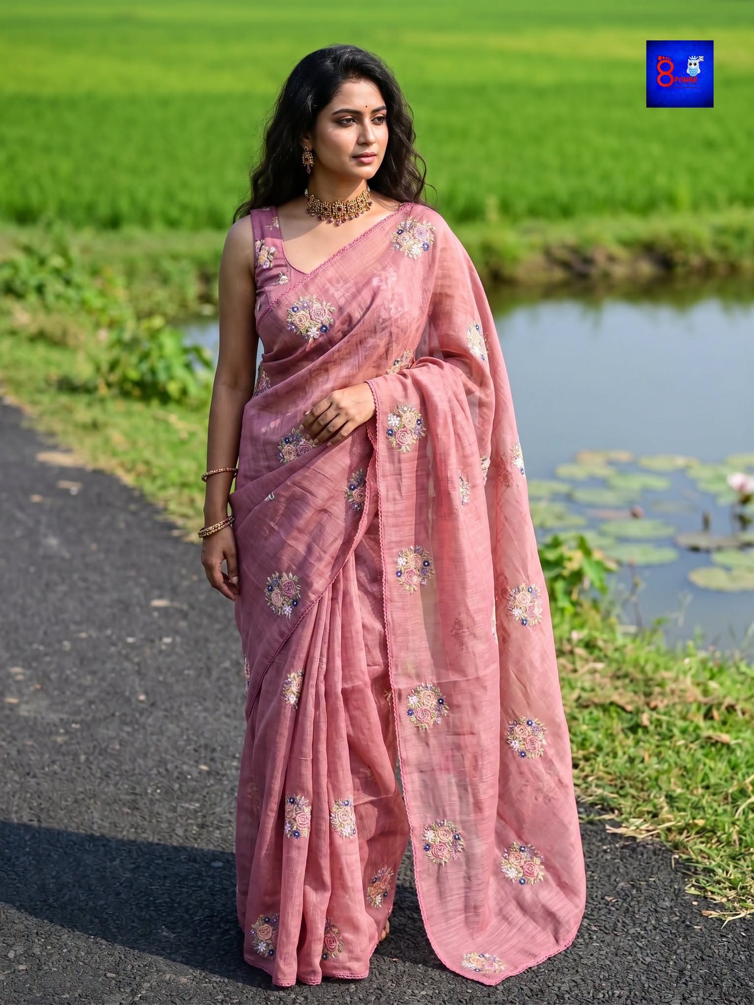 Floral Embroidered Linen Saree