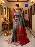 Authentic Handloom Pure Ghicha Silk Saree (Charcoal Grey with Red & Gold)
