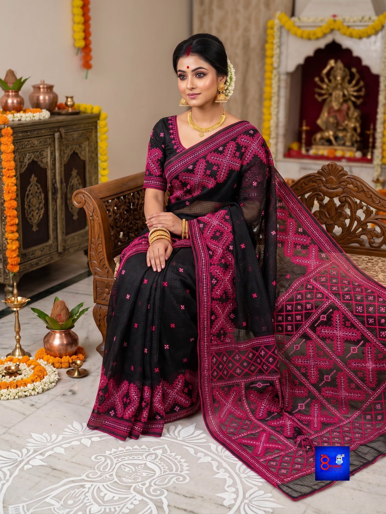 Resham Check Saree with Gujarati Embroidery