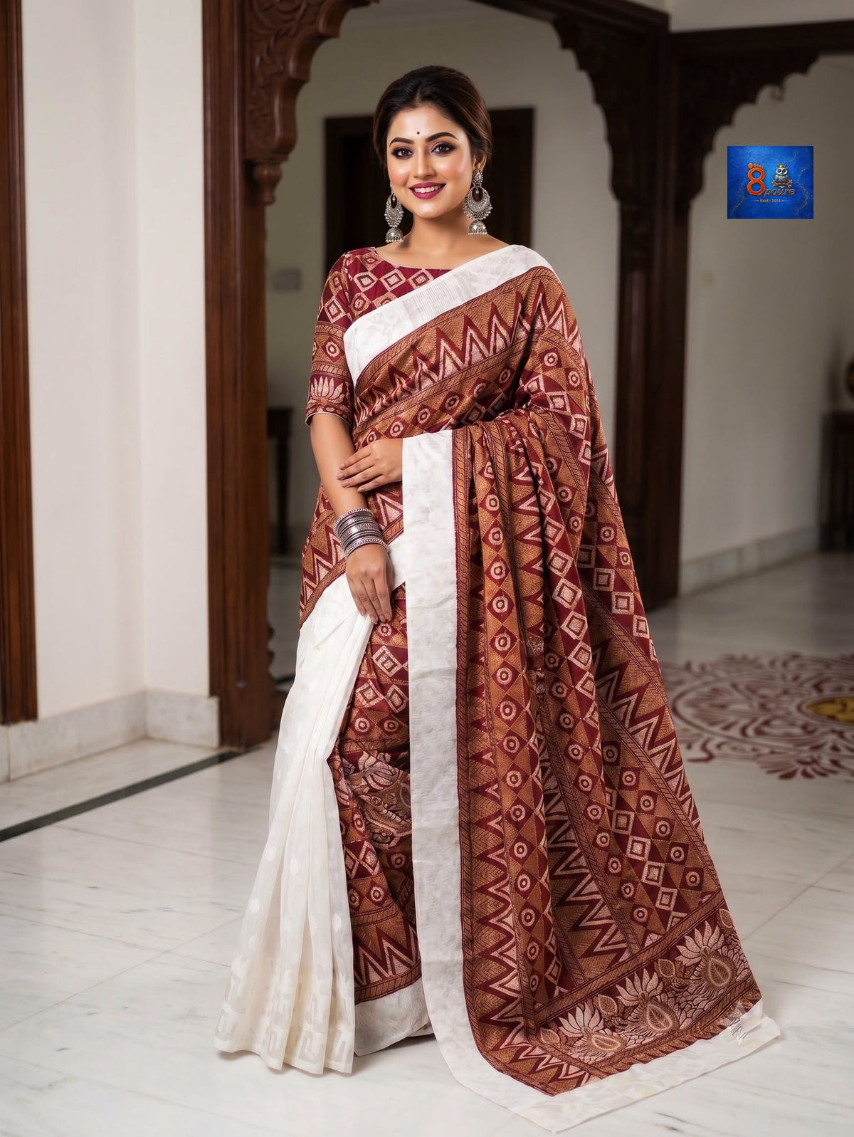 Jamkantha Saree - White & Brown