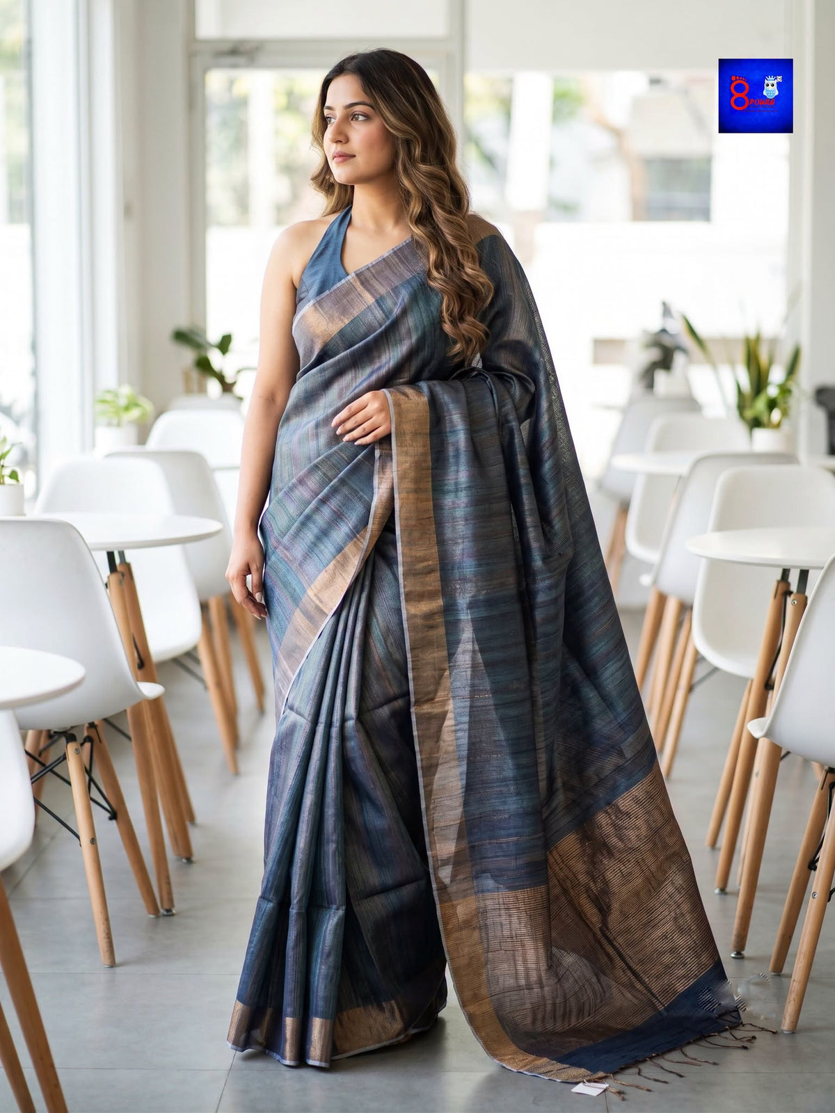 Pure Tussar Saree (Silk Mark certified) - Slate Blue