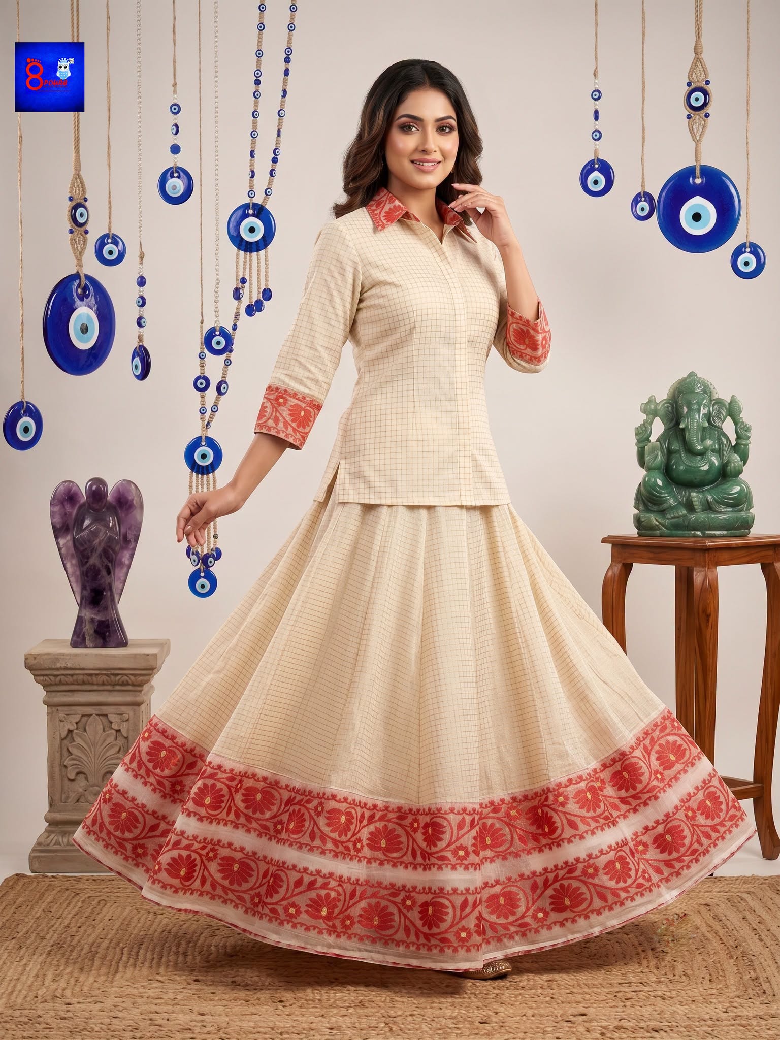 Pure Cotton Designer Jamdani Woven Skirt & Shirt Set (Ivory & Coral Red)