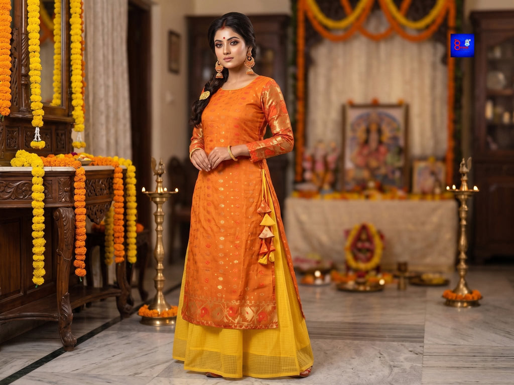 Jamdani Layered Dress (Orange & Yellow)
