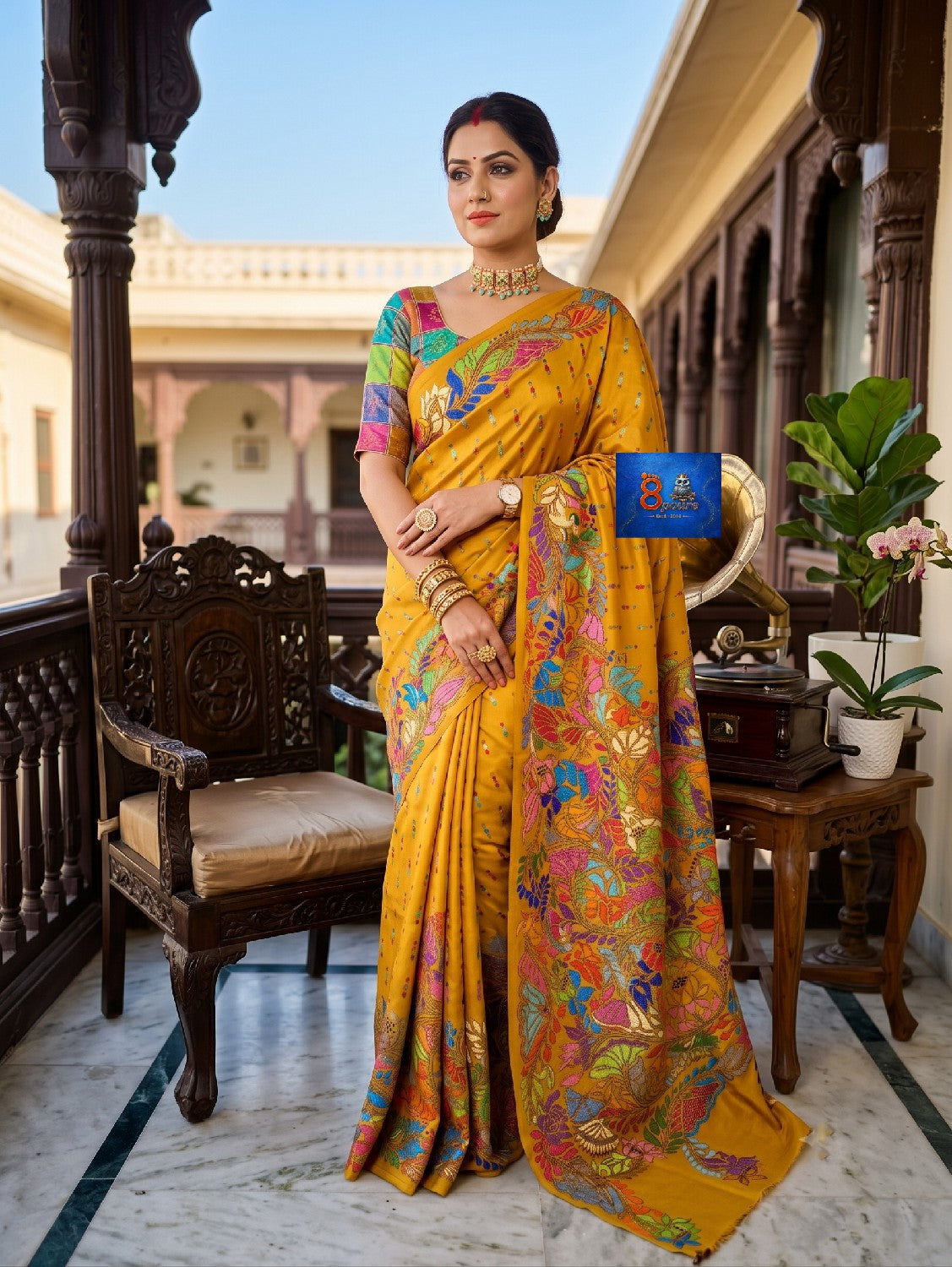 Pure Bangalore Silk Kantha Stich Saree - Mustard Yellow