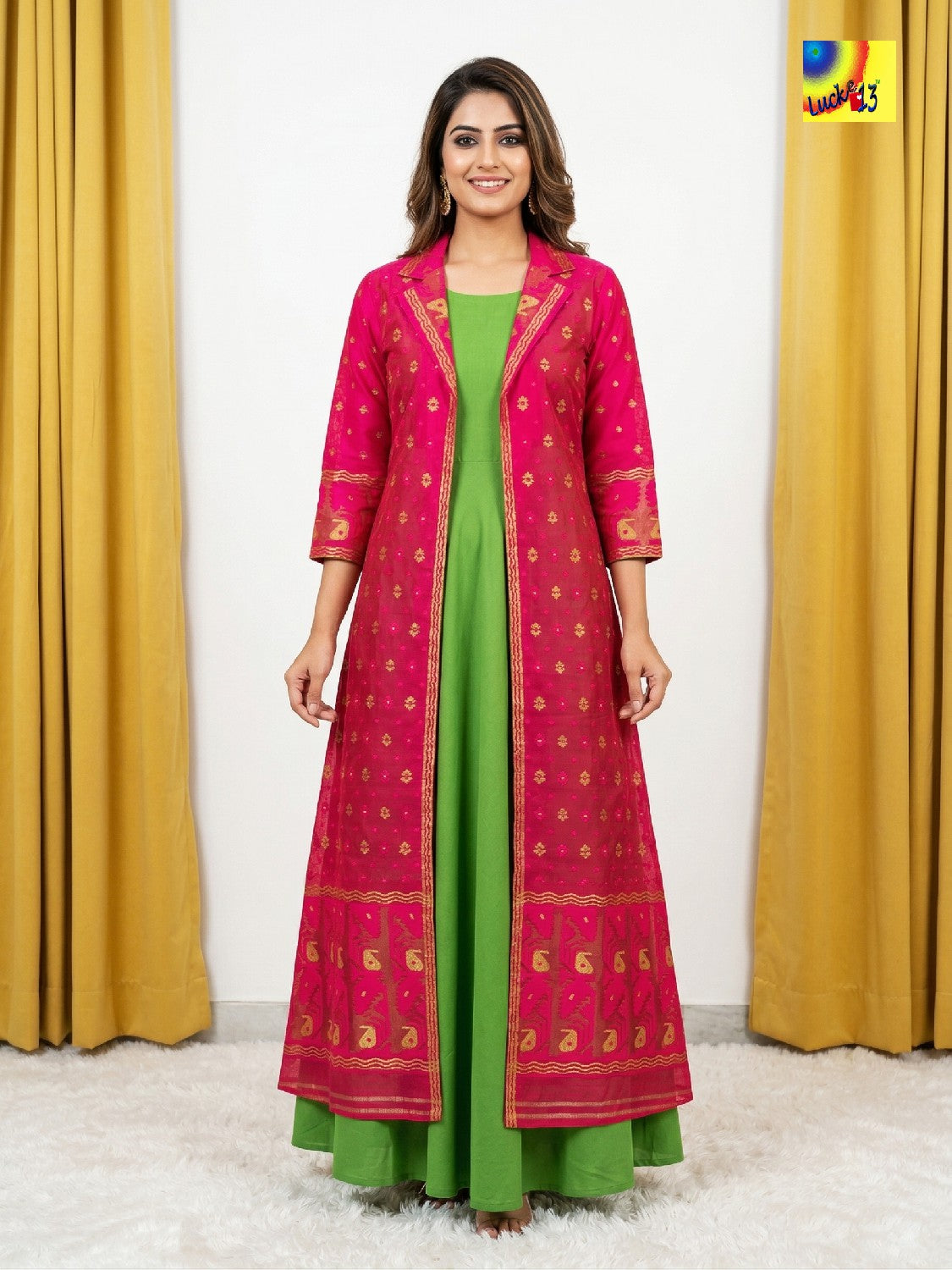 Jamdani Shrug & Cotton Sleeveless Dress set - Rani & Parrot Green