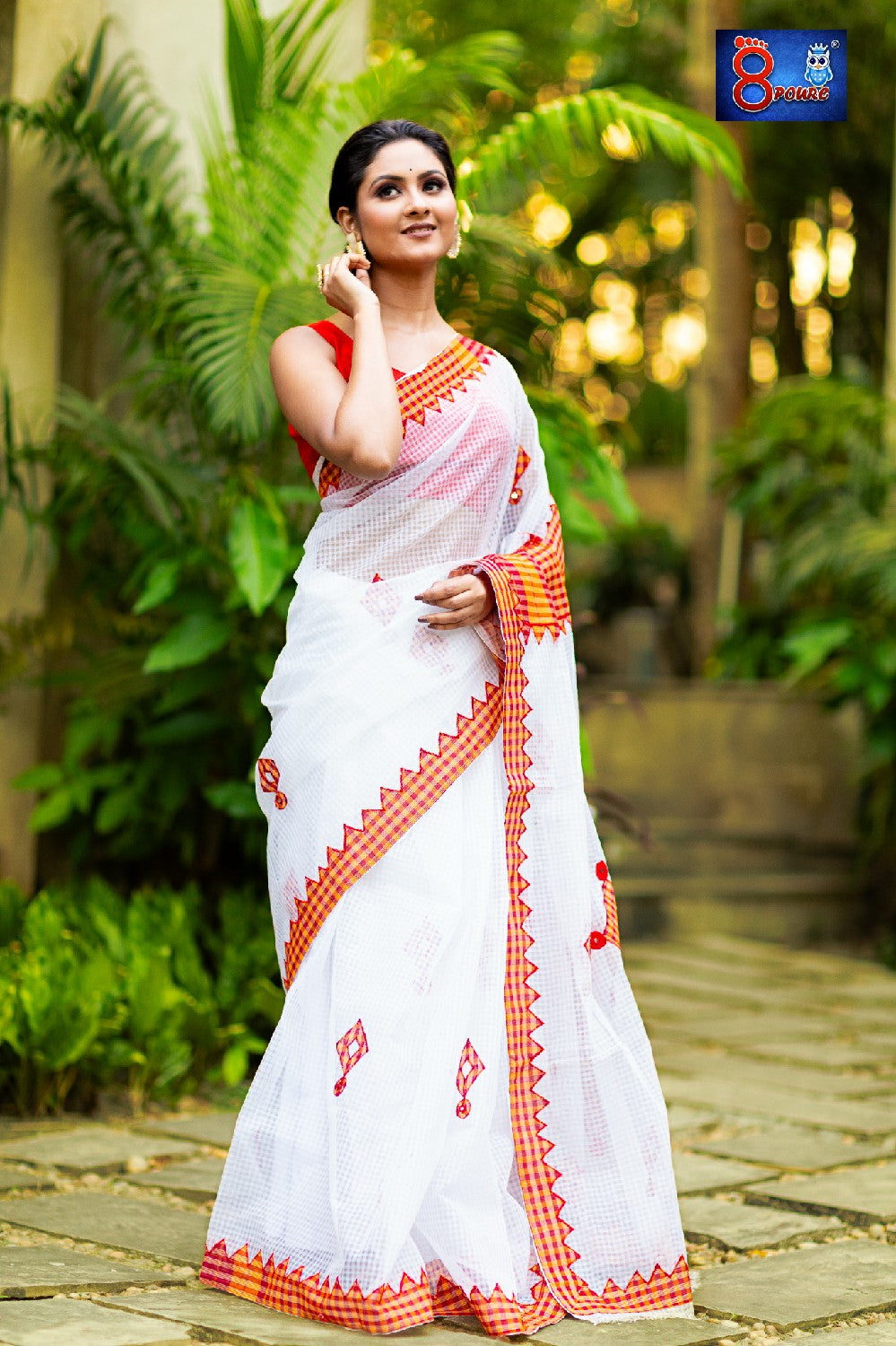 Resham Check Gamcha Applique Saree - White with Red & Yellow Border