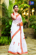 Resham Check Gamcha Applique Saree - White with Red & Yellow Border