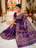 Mirror & Glass Beads Embroidered Jamdani Saree - Royal Purple