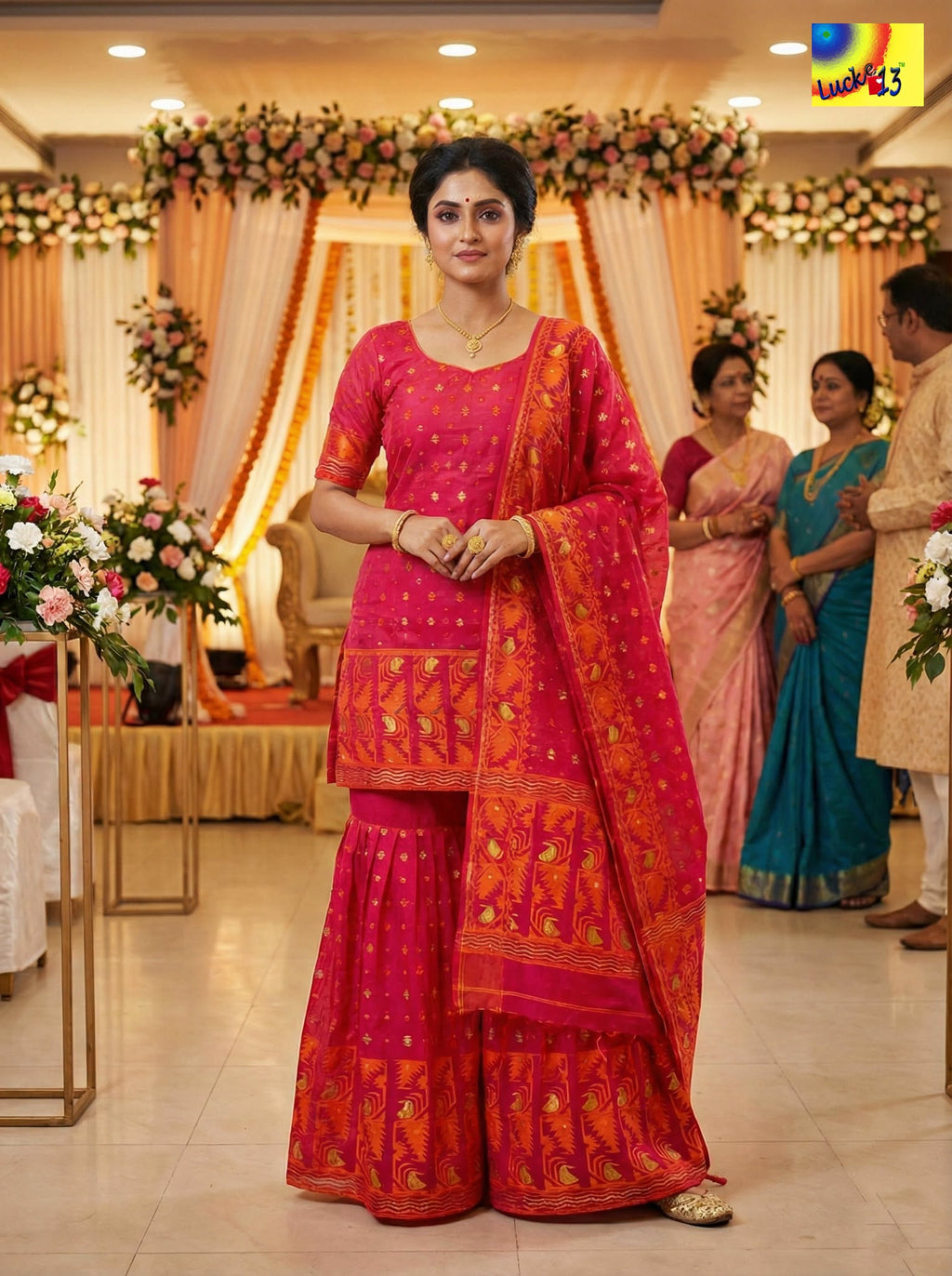 Jamdani Sharara 3-Piece Set - Rani Orange