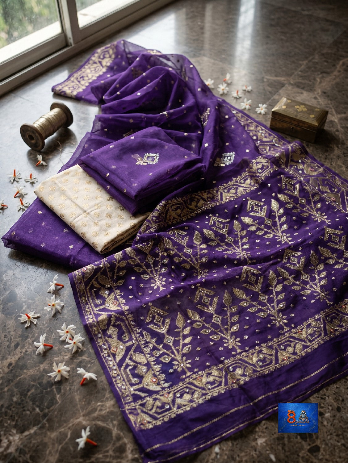 Mirror & Glass Beads Embroidered Jamdani Saree - Royal Purple