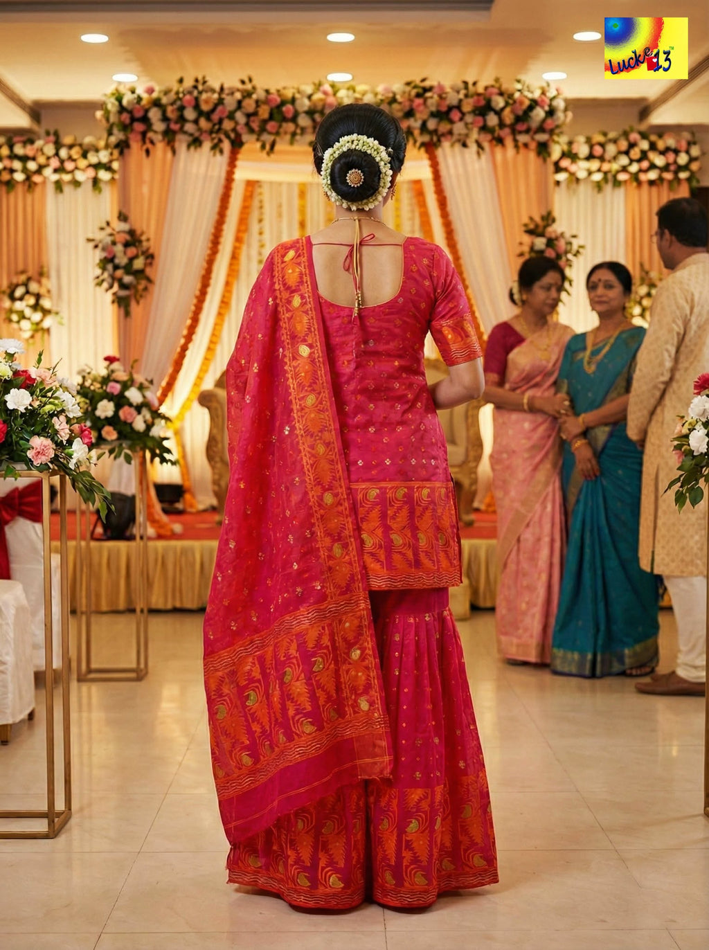 Jamdani Sharara 3-Piece Set - Rani Orange