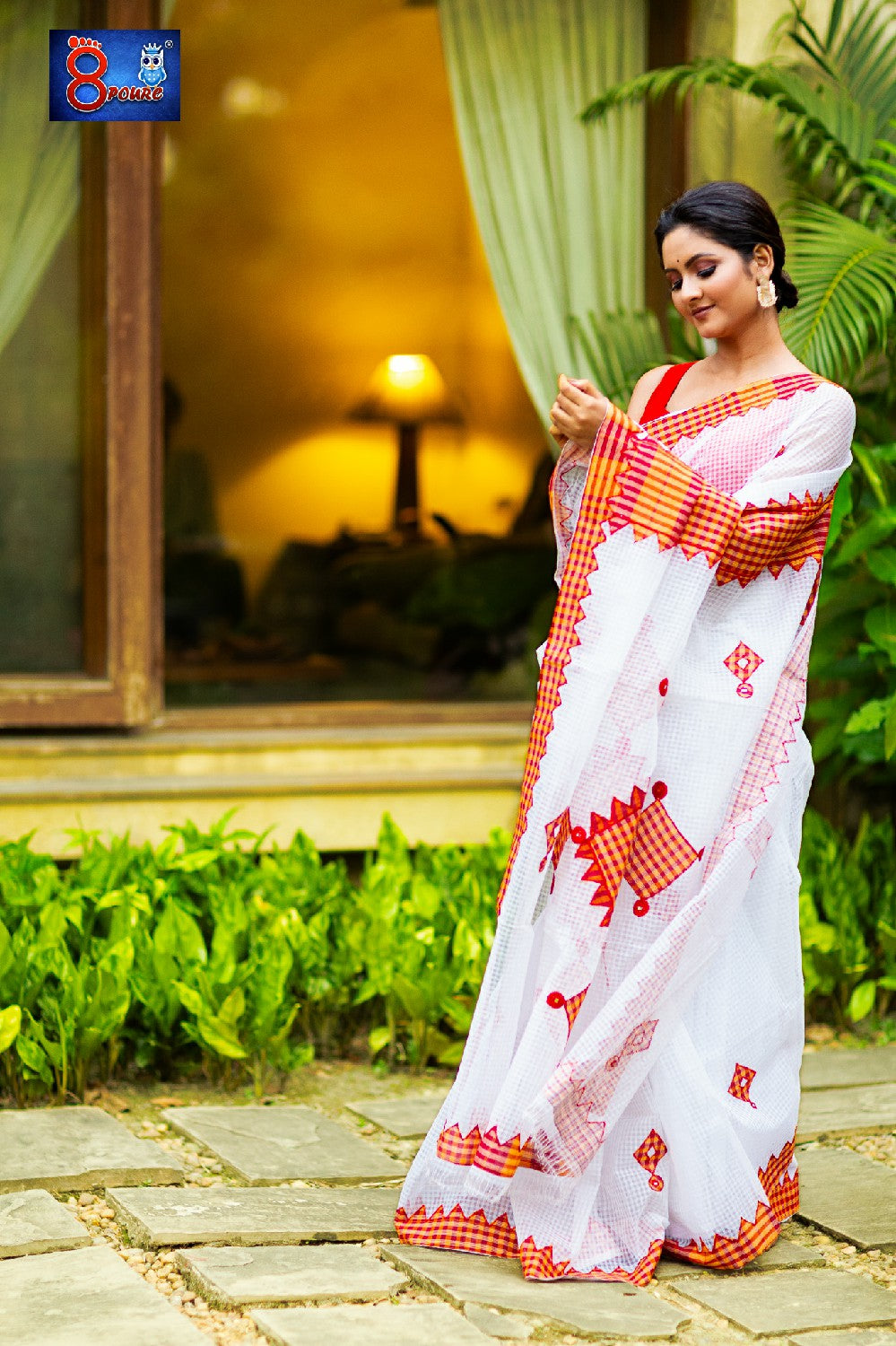 Resham Check Gamcha Applique Saree - White with Red & Yellow Border