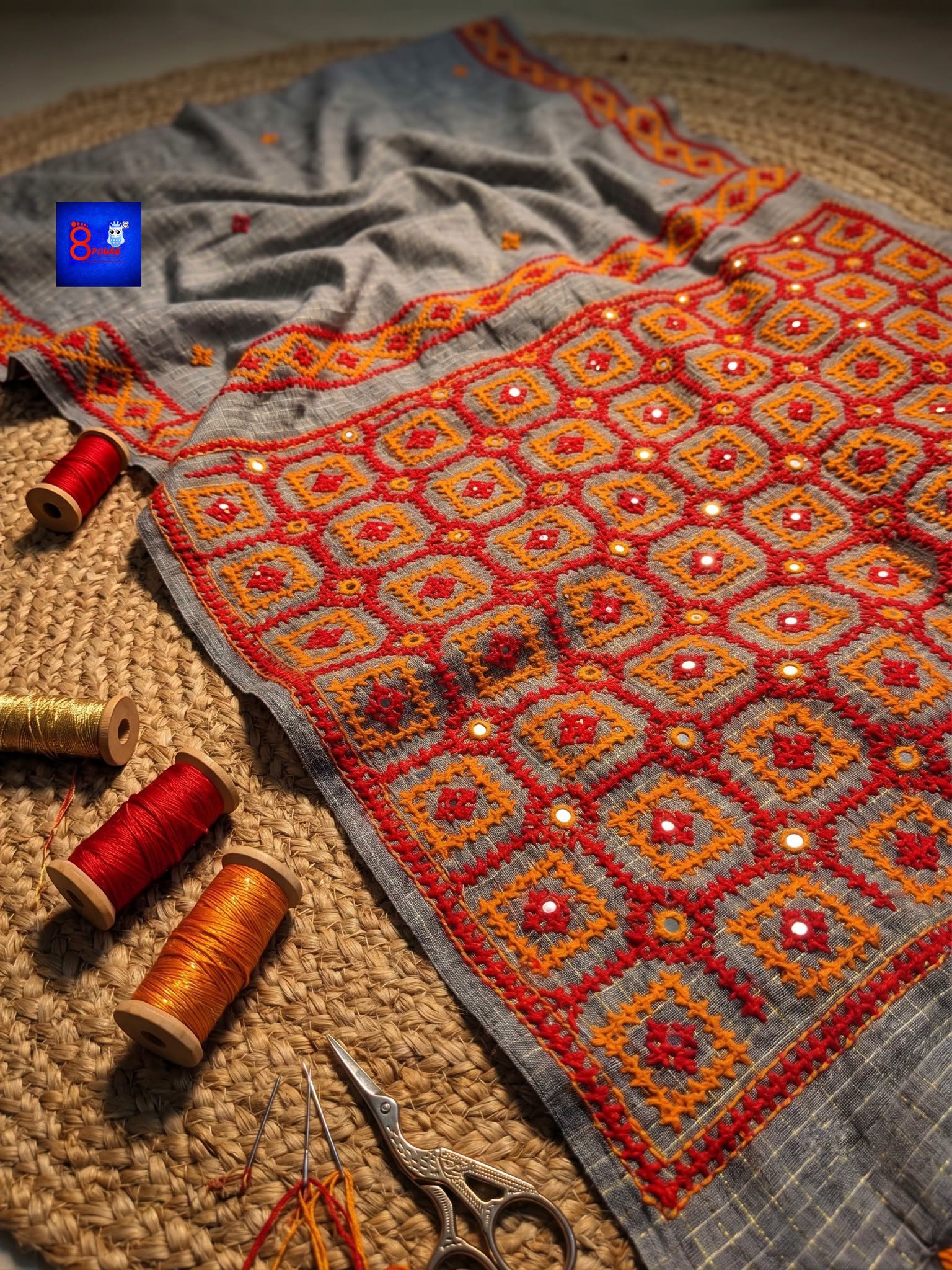 Pure Cotton Hand Kutch Embroidery Saree