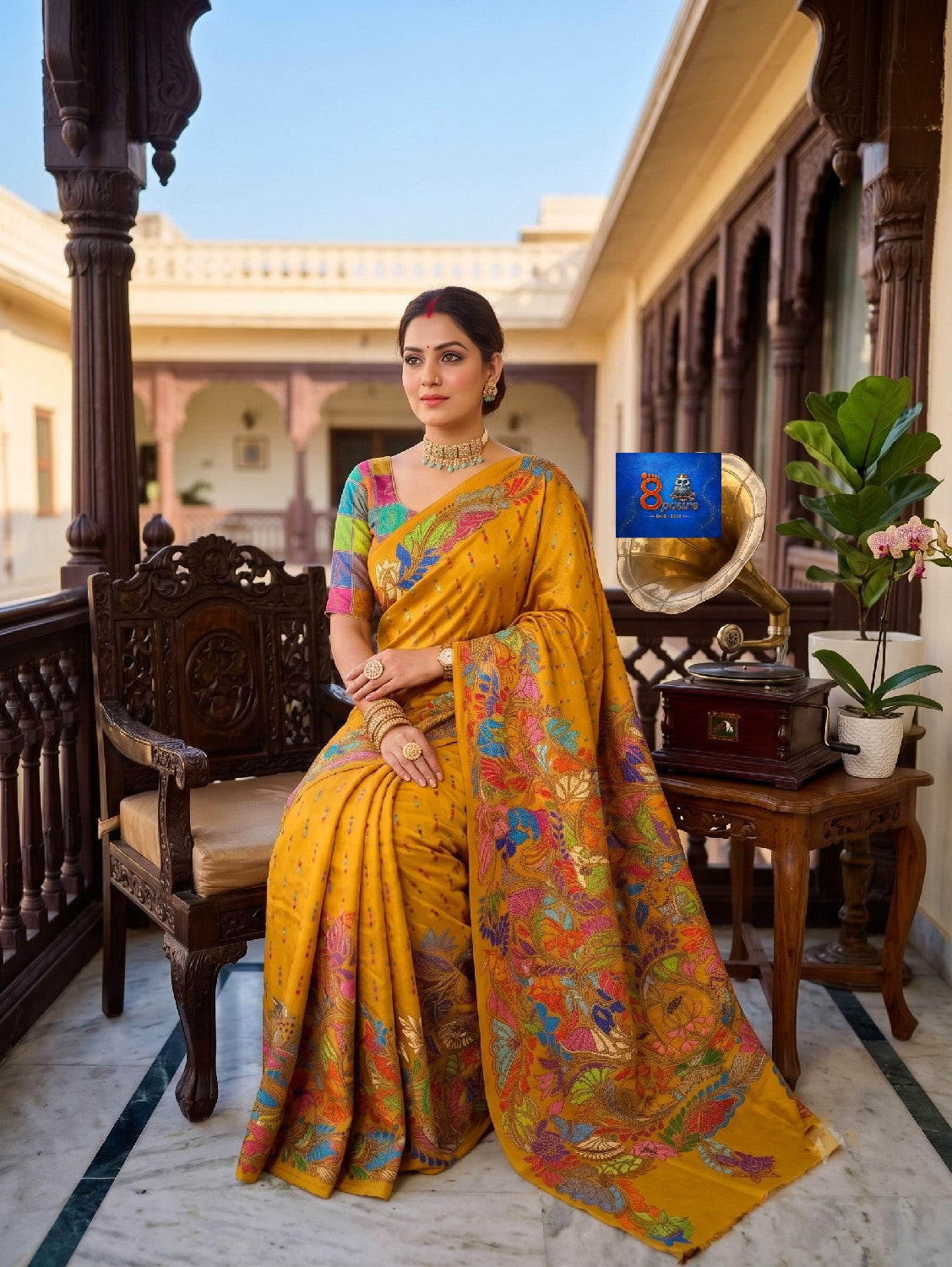 Pure Bangalore Silk Kantha Stich Saree - Mustard Yellow