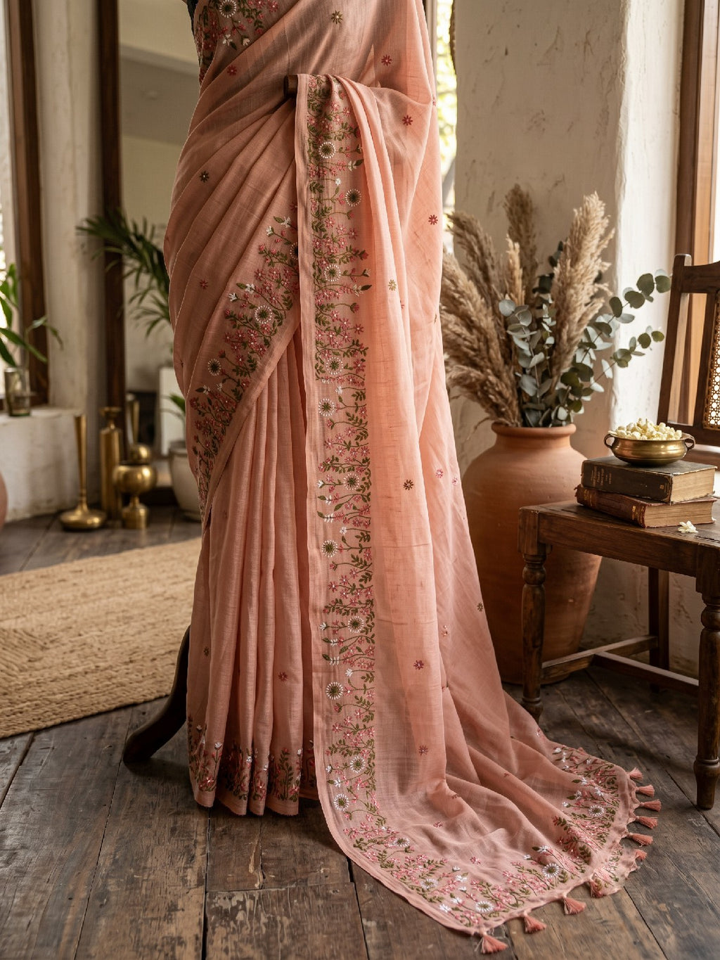 Pure Linen Kashmiri Embroidered Saree - Light Peach