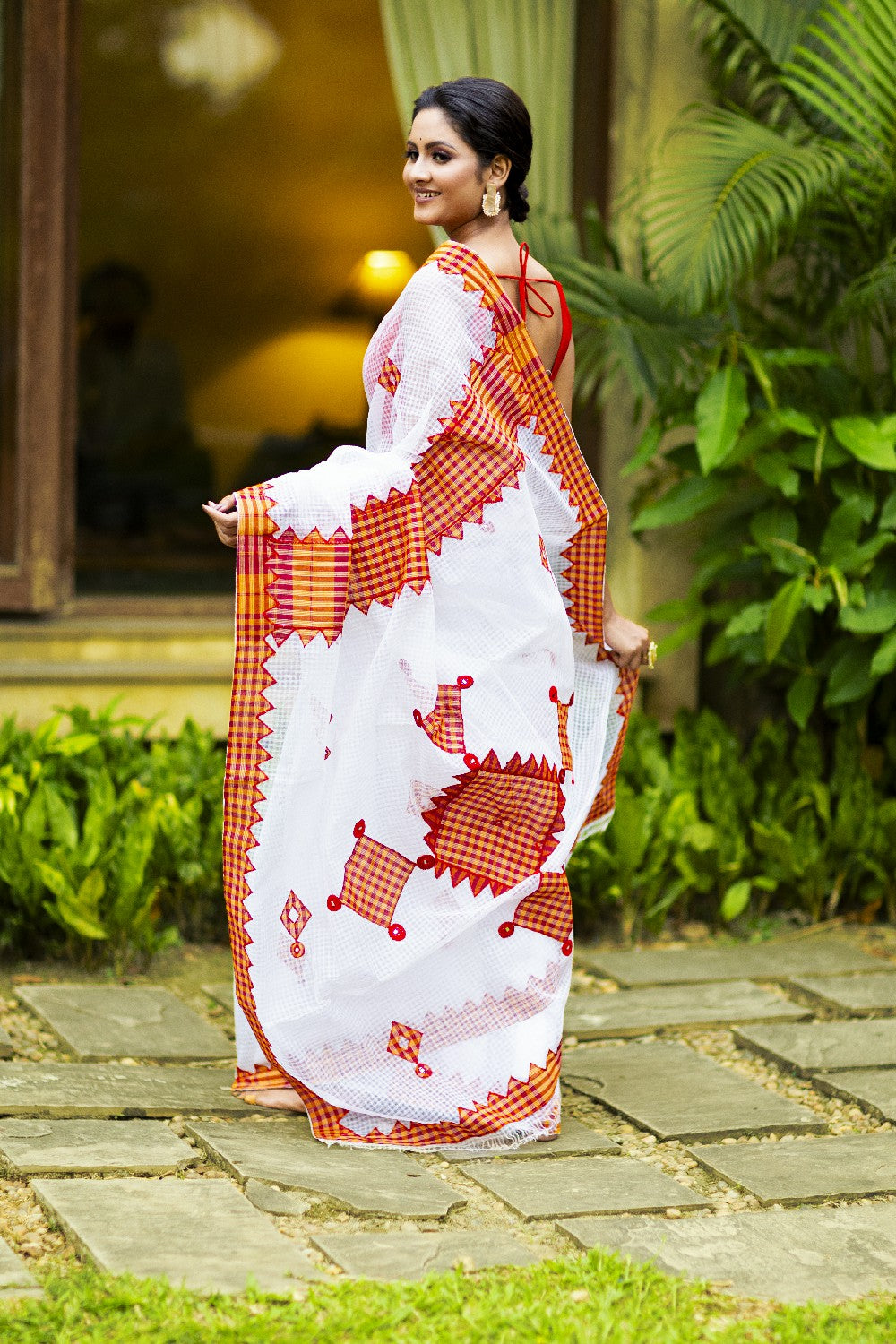 Resham Check Gamcha Applique Saree - White with Red & Yellow Border