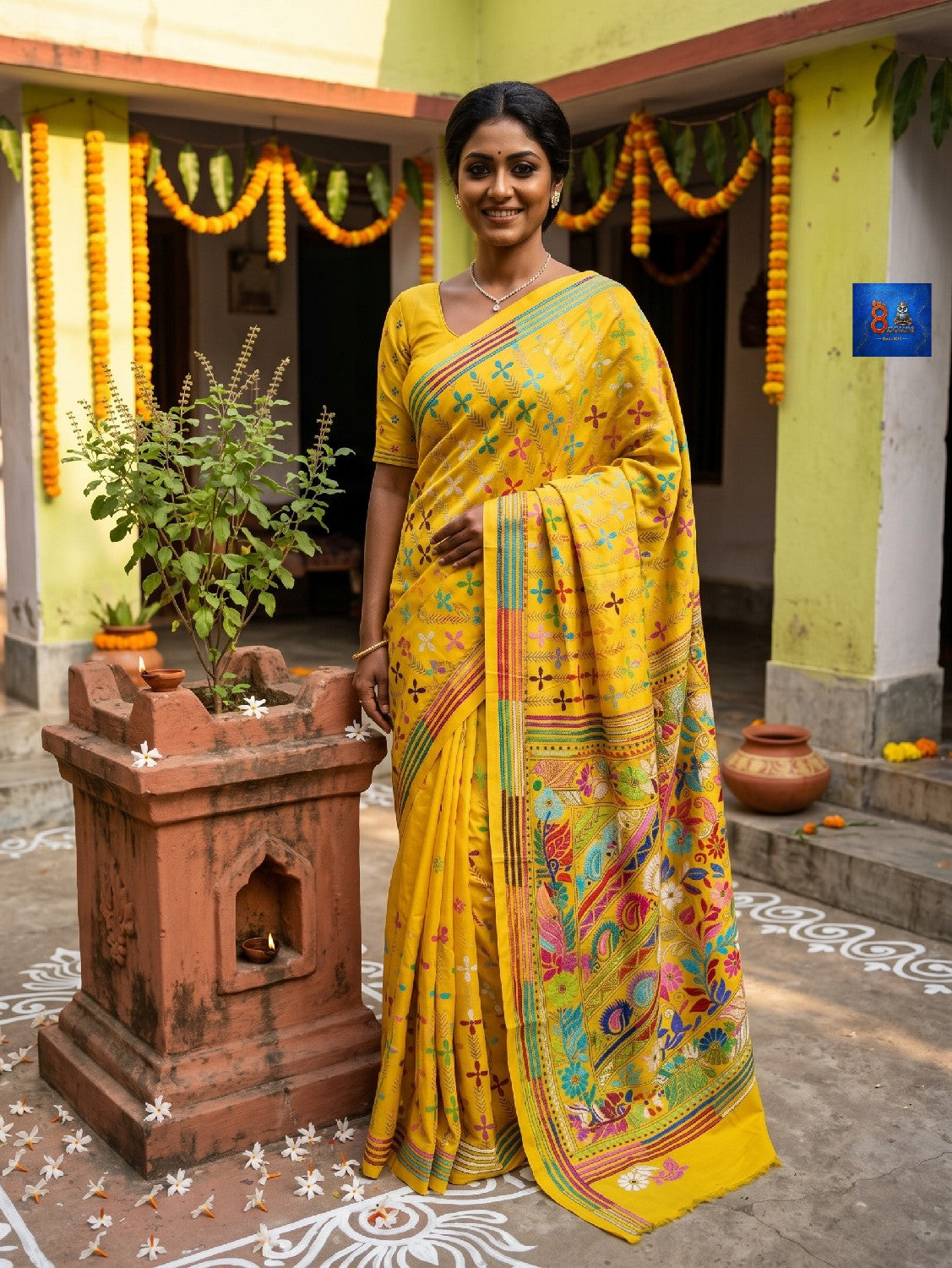 Blended Bangalore Silk Kantha Saree - Yellow