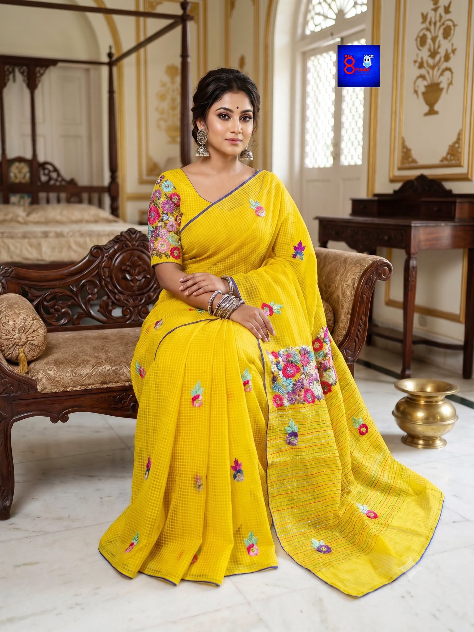 Resham Check French Knot Embroidery Saree (Yellow)