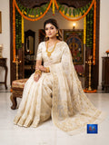 Mirror & Glass Beads Embroidered Jamdani Saree - Ivory Cream