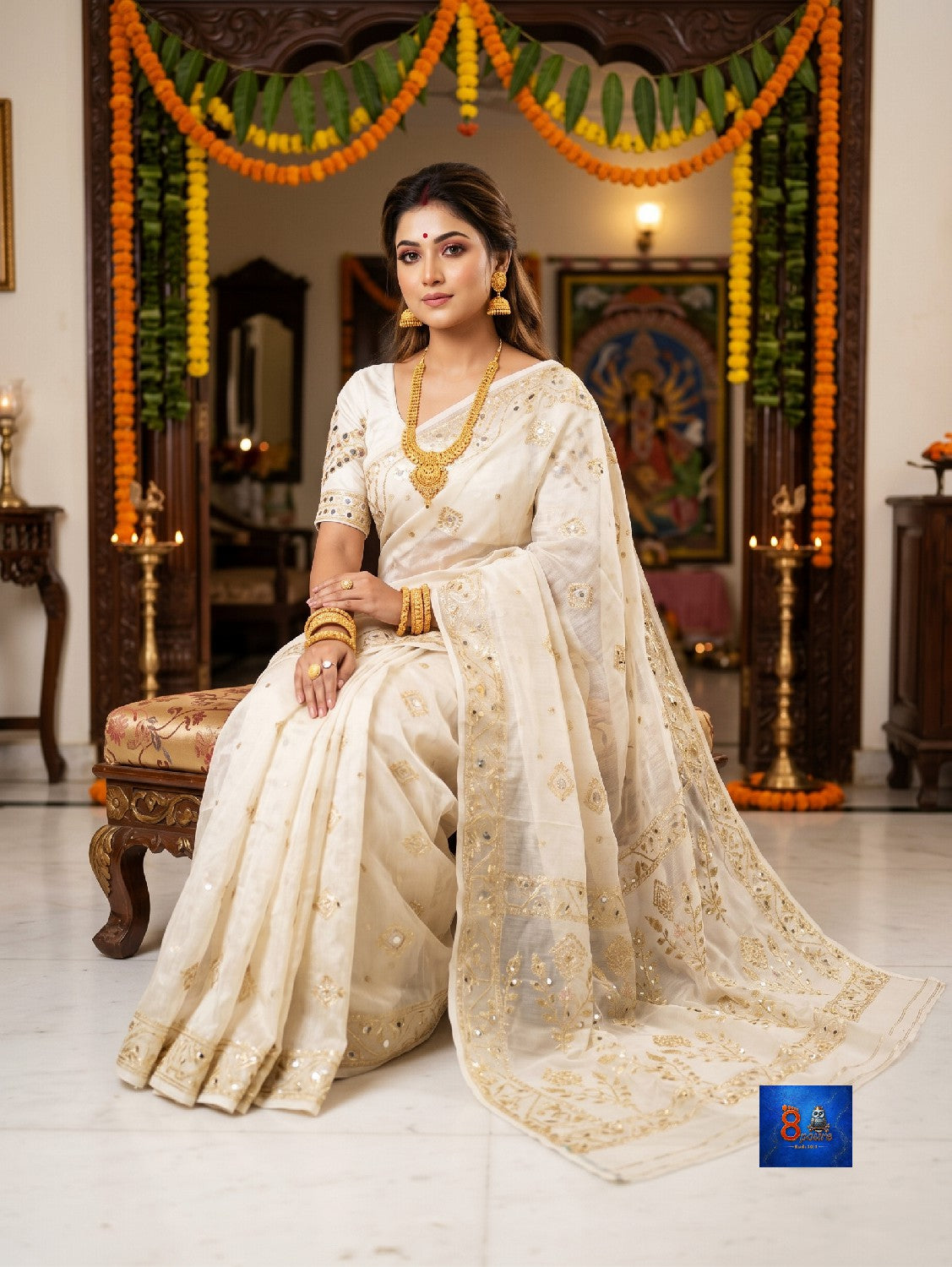 Mirror & Glass Beads Embroidered Jamdani Saree - Ivory Cream
